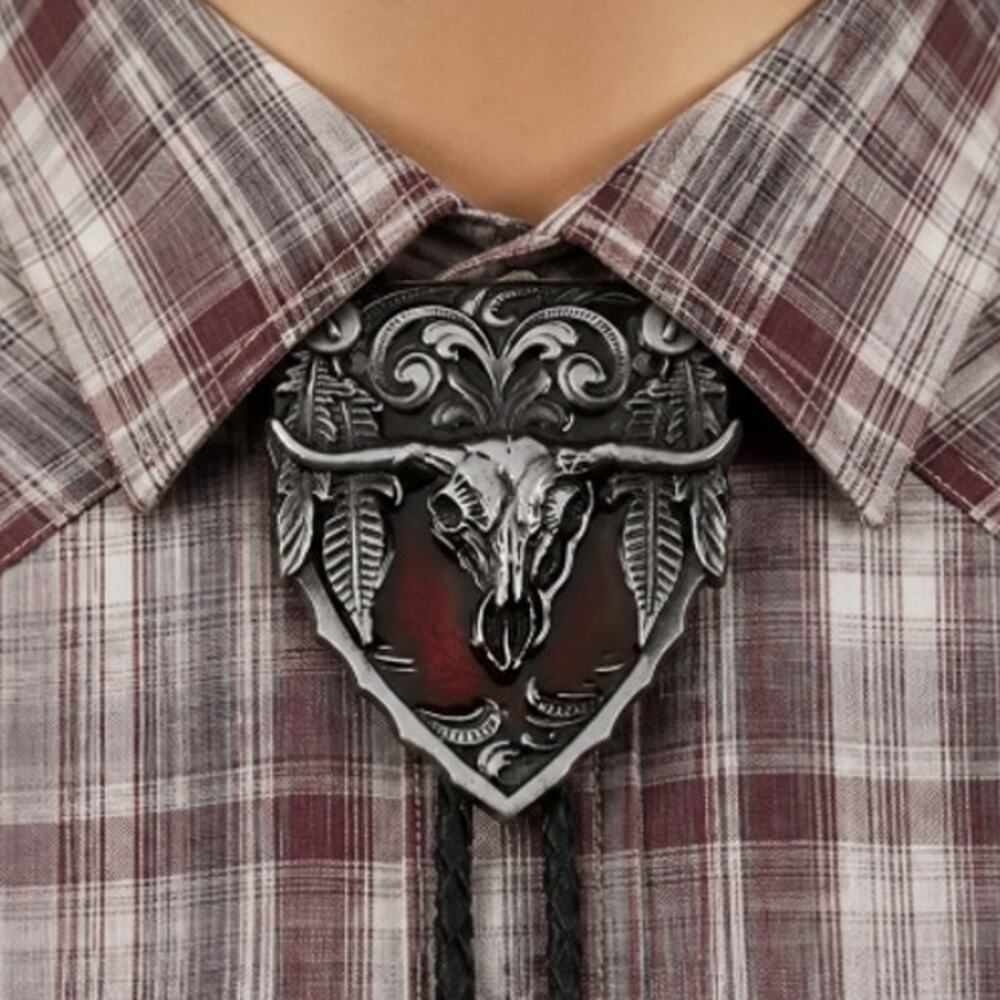 Western Bolo Tie Longhorn Steer Skull Silver Tone Metal Black Faux Leather Cord